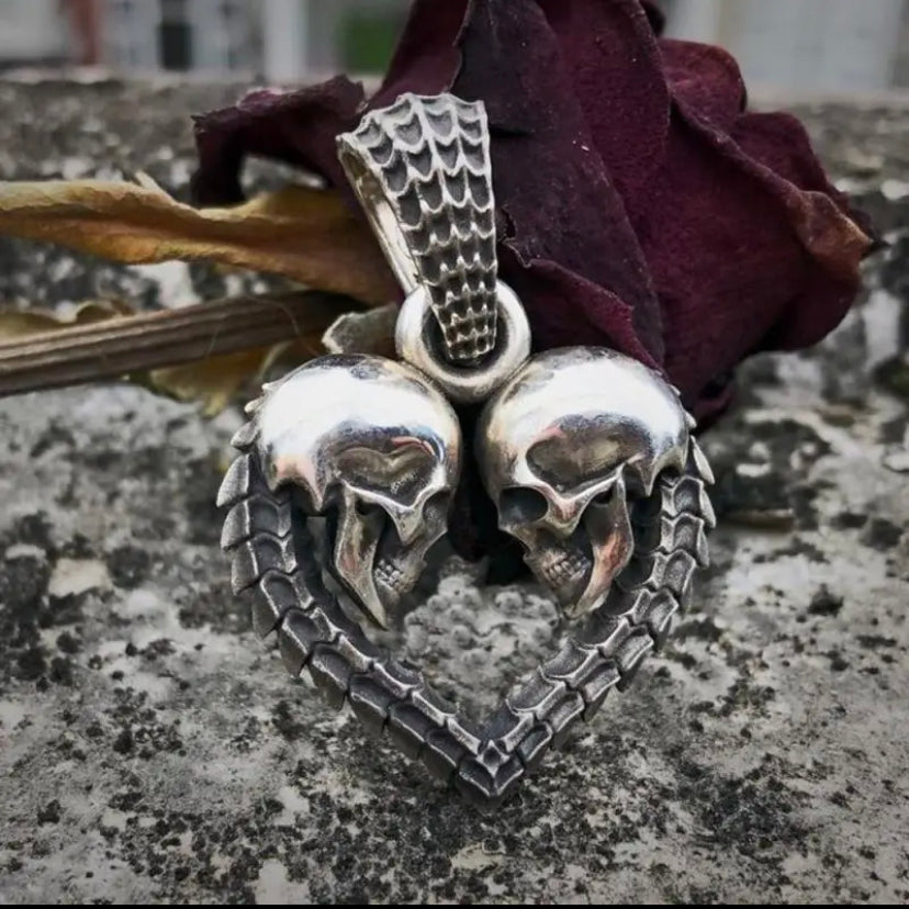 Double Skull Heart Pendant